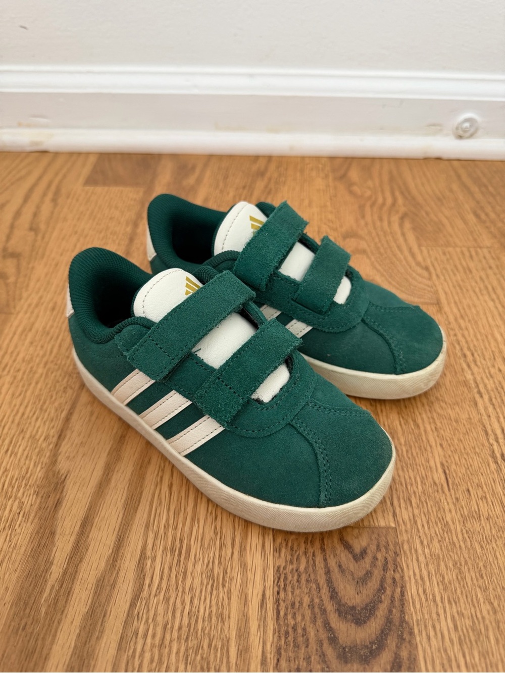 adidas Kids Green Suede Velcro Sneakers with Cream Stripes